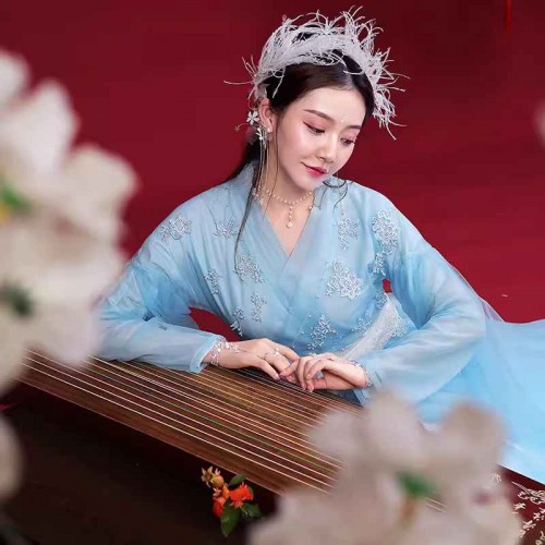 Light blue chinese folk dance dress hanfu for women girls ancient traditional guzheng music stage performance princess queen film cosplay dancing long gown